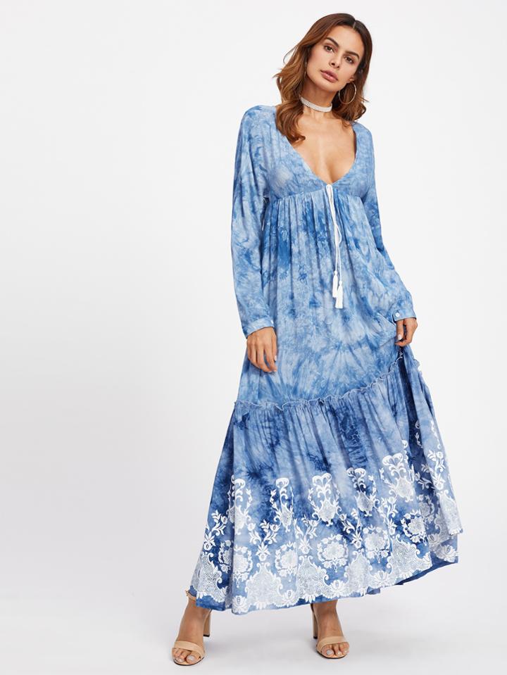 Romwe Tasseled Tie Plunge Neck Empire Waist Tie Dye Dress
