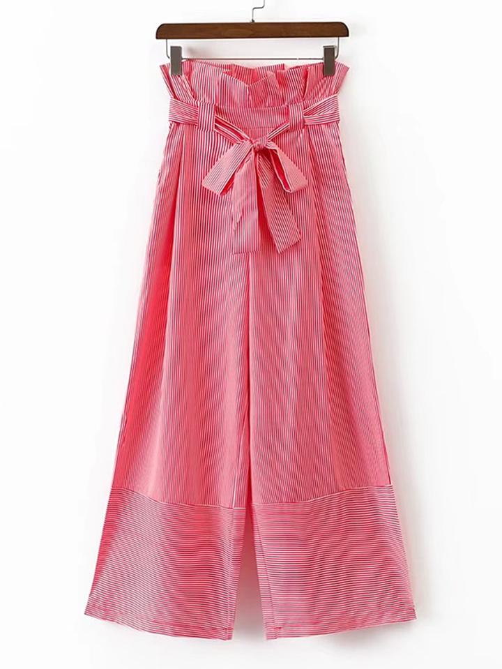 Romwe Bow Tie Waist Pinstripe Wide Leg Pants