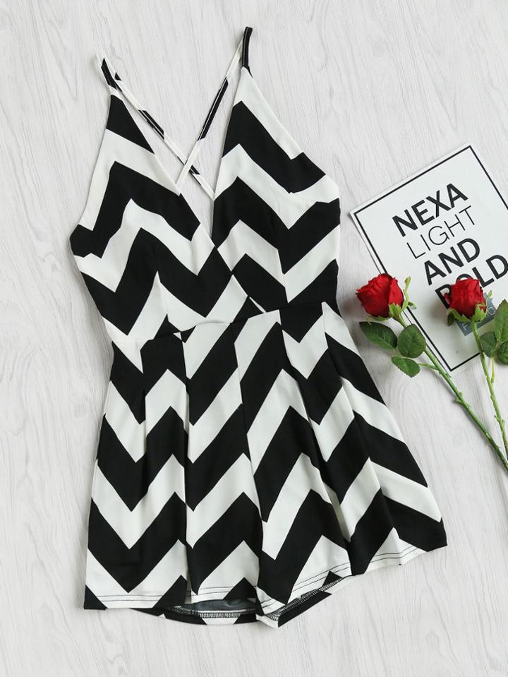 Romwe Chevron Print Surplice Front Criss Cross Back Romper