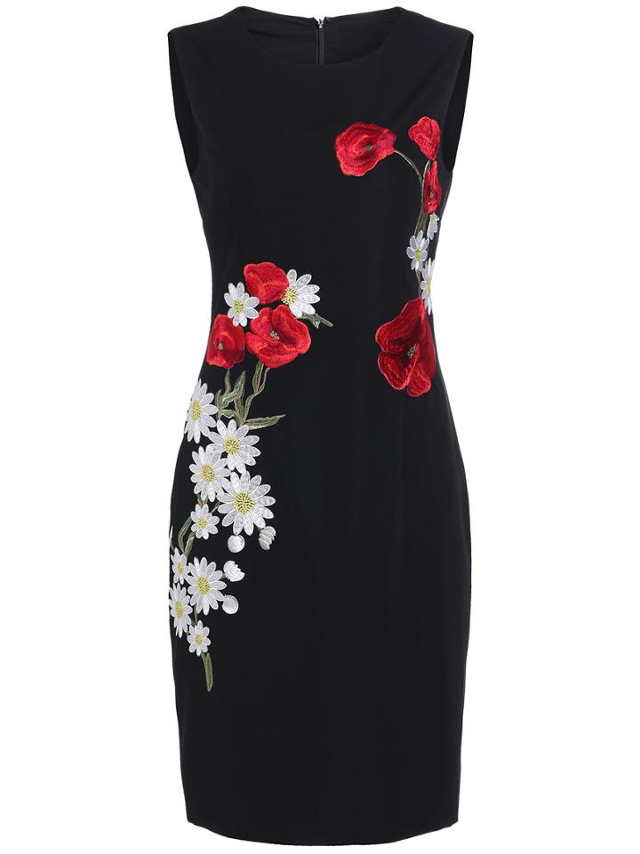 Romwe Black Round Neck Sleeveless Embroidered Dress