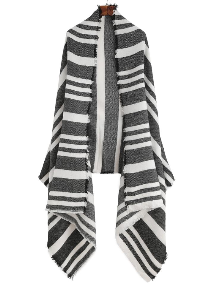 Romwe Black And White Stripe Raw Edge Shawl Scarf
