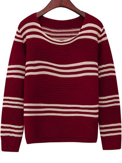 Romwe Round Neck Striped Wine Red Sweater