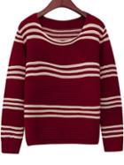 Romwe Round Neck Striped Wine Red Sweater