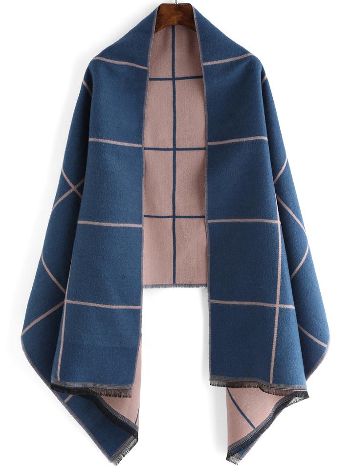 Romwe Plaid Fringes Blue Pink Scarf