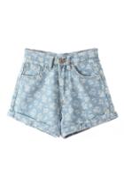 Romwe White Floral Print High-waist Denim Light-blue Shorts