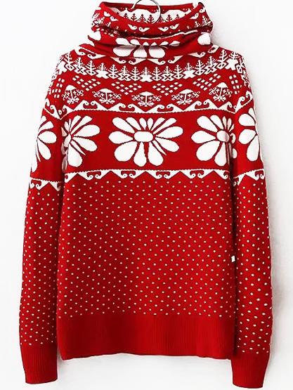 Romwe Turtleneck Polka Dot Print Red Sweater