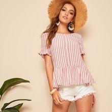 Romwe Ruffle Cuff & Hem Button Front Striped Blouse
