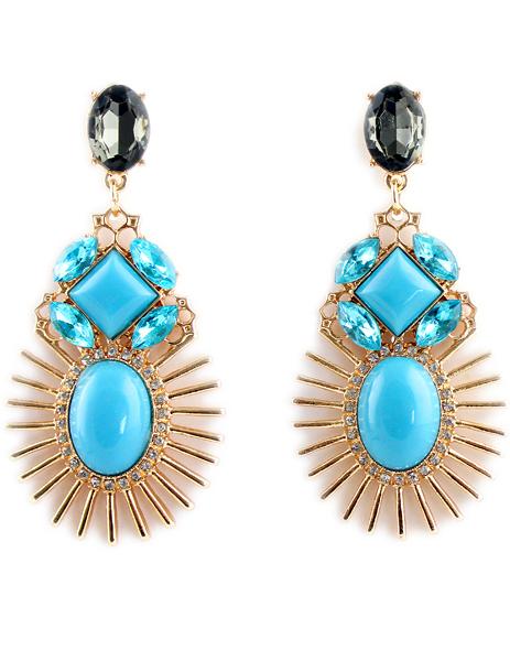 Romwe Blue Gemstone Gold Diamond Sun Earrings