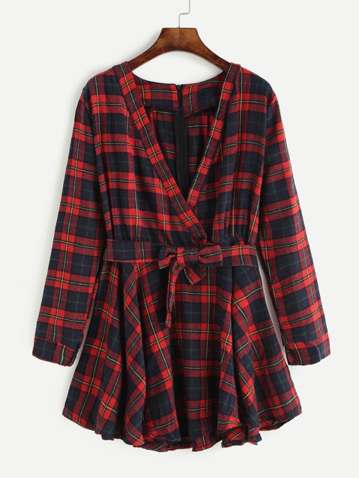 Romwe Plaid Deep V Neck Self Tie Zipper Back Dress