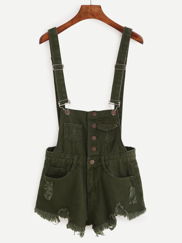 Romwe Buttoned Front Raw Hem Overall Denim Shorts - Olive Green