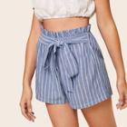 Romwe Striped Tie Front Paperbag Shorts