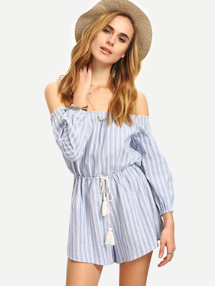 Romwe Blue Off The Shoulder Tie Waist Tassel Jumpsuit