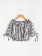Romwe Pineapple Print Tie Sleeve Striped Crop Blouse