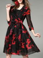 Romwe Black Red V Neck Tie-waist Print Dress
