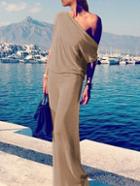 Romwe Oblique Shoulder Maxi Beach Khaki Dress