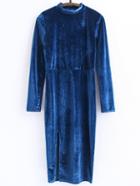 Romwe Blue Mock Neck Slit Velvet Dress