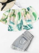 Romwe Tropic Print Off Shoulder Top