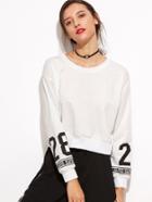 Romwe White Sleeve Number Print Drop Shoulder Sweatshirt