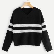 Romwe Striped Panel V-neck Jumper