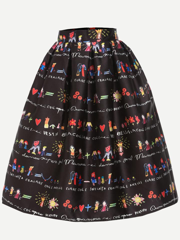 Romwe Black Cartoon Print Flare Skirt