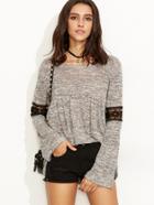 Romwe Heather Grey Crochet Inset Hollow Out Sweater
