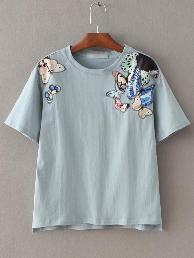 Romwe Green Round Neck Butterfly Applique T-shirt