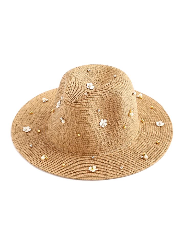 Romwe Rivet And Flower Embellished Straw Hat