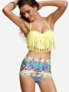 Romwe Multicolor Flower Print Fringe Mix And Match Bikini Set