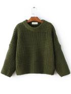 Romwe Army Green Waffle Knit Drop Shoulder Sweater