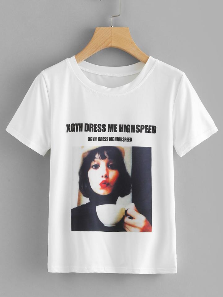 Romwe Figure And Letter Print T-shirt