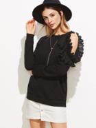 Romwe Black Frilled Asymmetric Cold Shoulder Sweatshirt With Rhinestone Detail