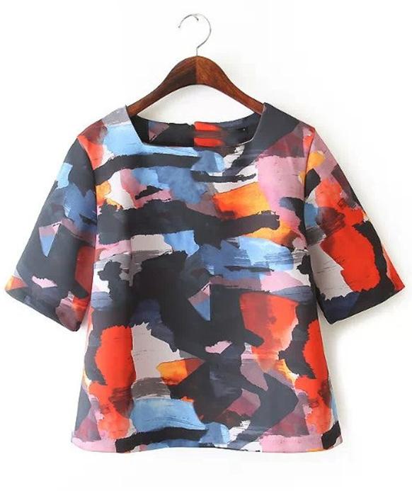 Romwe Half Sleeve Graffiti Print Blouse