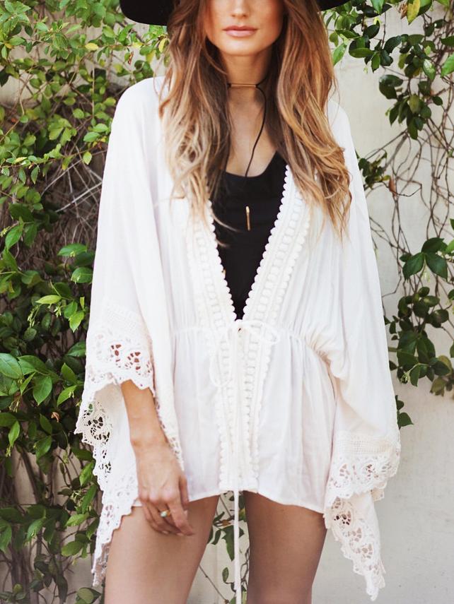 Romwe White Crochet Trim Tie Front Chiffon Blouse