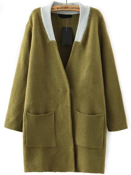 Romwe Contrast Collar With Pockets Green Cardigan