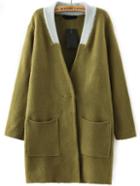 Romwe Contrast Collar With Pockets Green Cardigan