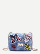 Romwe Blue Denim Catoon Patch Mini Quilted Chain Bag