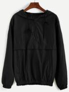 Romwe Black Drawstring Hooded Zip Detail Sweatshirt