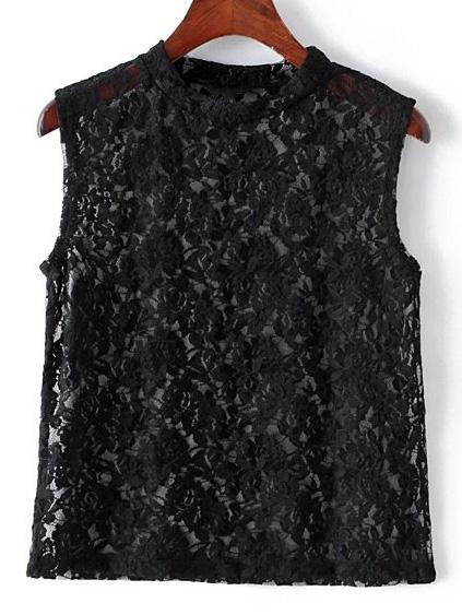 Romwe Black Band Collar Lace Sheer Tank Top