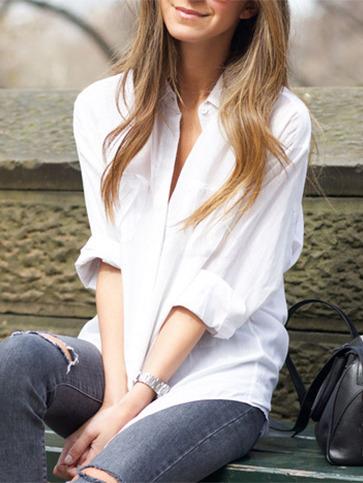 Romwe White Lapel With Pockets Blouse