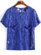 Romwe With Pockets Lace Blue Top