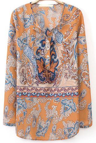 Romwe Yellow Long Sleeve Totem Print Blouse