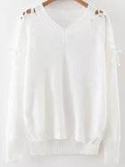 Romwe White V Neck Lace Up Sleeve High Low Sweater