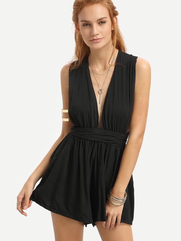 Romwe Black Plunge Neck Pleated Crisscross Dress