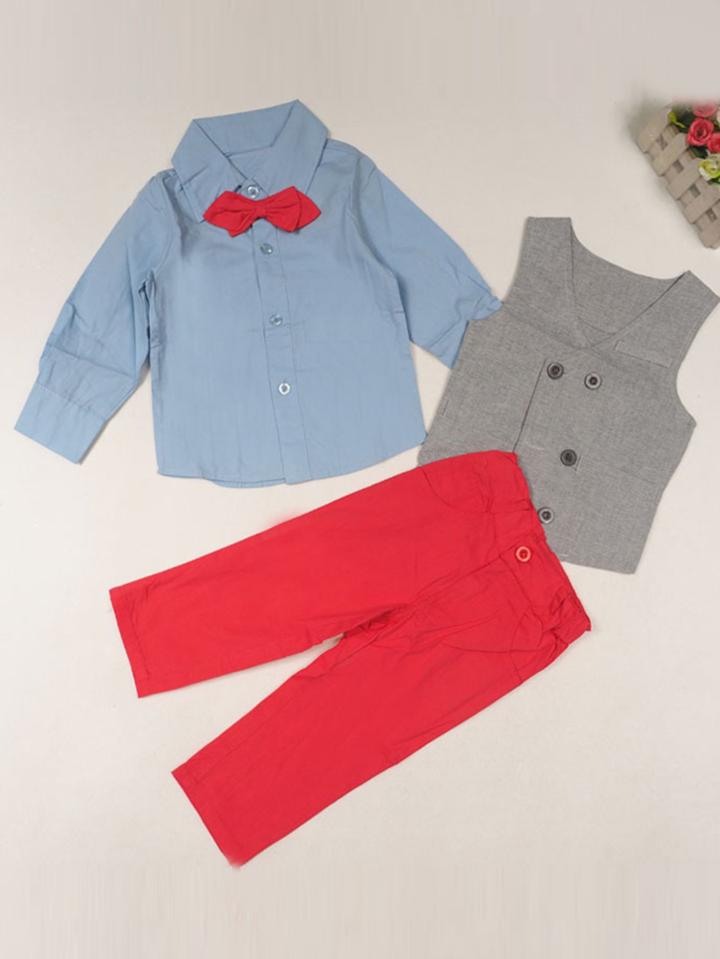 Romwe Tie Detail Shirt And Pants Set With Vest