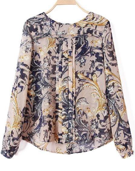 Romwe Khaki Round Neck Long Sleeve Floral Print Blouse