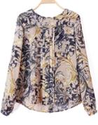 Romwe Khaki Round Neck Long Sleeve Floral Print Blouse