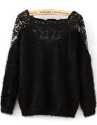 Romwe Contrast Hollow Lace Mohair Black Sweater