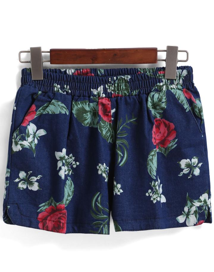 Romwe Elastic Waist Florals Shorts