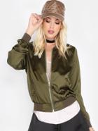 Romwe Ribbed Collar Silky Bomber Jacket Olive