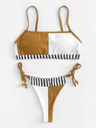 Romwe Two Tone Striped Hem Bikini Set